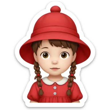 baby girl with brown hair and pigtails with a hat and red dress like My Neighbor Totoro movie sticker