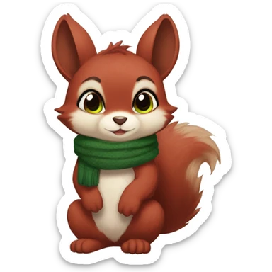 Cute, Chibi, Kemono-style, Anthro, Fur-Sona, Dark-Red, Squirrel-Rabbit-hybrid-Fakémon, with a green scarf, full body sticker