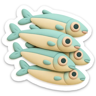 Edit the image to depict anchovies in fondant cake art style with pastel colors, soft and playful appearance, no background, and no text. sticker
