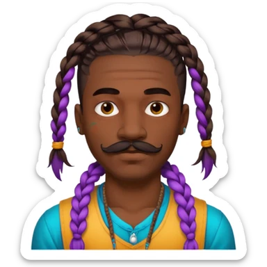 big lose braids starting from the top of the head man with mustache face wiith big visible loose only two braids and lots and lots of colored face tattoos colored tattoos like a tattoo artist hair unique color sticker