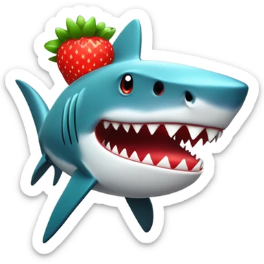 A shark that has skin of a strawberry with strawberry leafs as a hat sticker