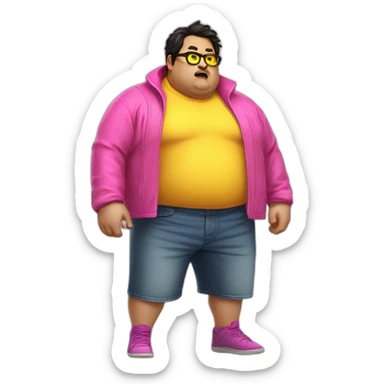 fat man with dark hair,a vibrant long yellow coat, pink glasses, short jeans shorts. Show full lenght peson, person fighting as superhero sticker