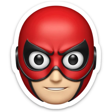 A high-gloss 3D emoji-style mask inspired by a superhero design. Smooth rounded head shape with expressive large eyes. Primary color: matte black. Secondary color: bright red web-pattern lines across the mask. Clean, shiny, cartoony finish, symmetrical design, crisp outlines sticker