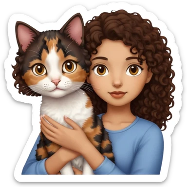 Light brown skin, dark curly hair, girl holding calico cat sticker