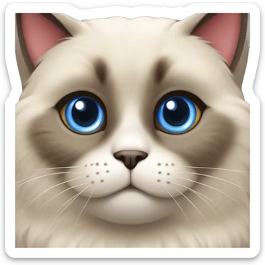 Long, chubby, cute, flat beige fur, blue round eyes, round pupils, Siamese and ragdoll mix cat, a grey face pattern, fur in his ears, wearing a red ribbon, darker paws sticker