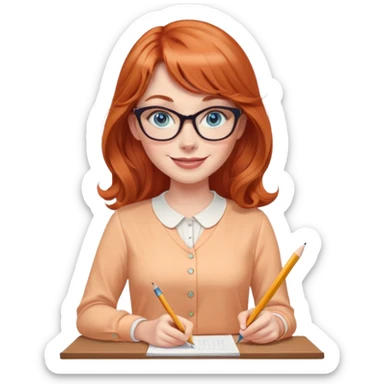 redheaded woman with long wavy hair and bangs, blue eyes, cat-eye glasses, wearing a pencil skirt and apricot blouse, holding a pencil, smiling sticker