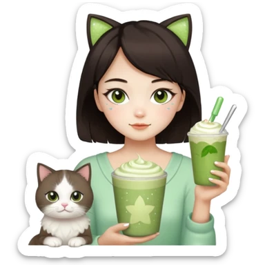 asian girl with shoart dark brown hair with a soft girl glowup aesthetic. matcha latte sparkles girly things, 2 ragdoll cats, skincare, makeup sticker