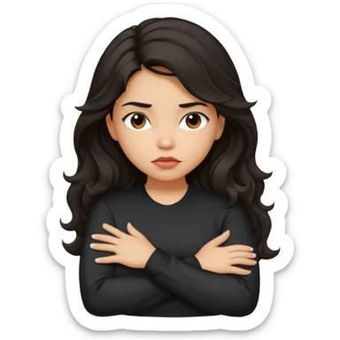 Hispanic girl with dark long wavy hair crossing her arms while pouting and wearing a black long sleeve shirt sticker