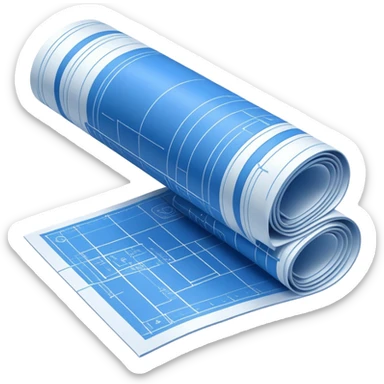side view of a blue blueprint plan with white lines, partially unrolled sticker