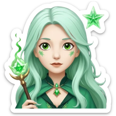 Woman with green skin color with long hair white color and carrying a magic wand sticker