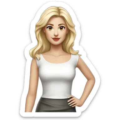 hyperrealistic caucasian long blonde brown eyes woman white top gray tight mini skirt black high heels sticker