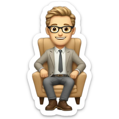 Joyful thrumbs up Pale skinned Fit Man With dark brown hair in gray jacket, beige office shirt, Brown pants and vintage glasses sitting In a soft chair sticker