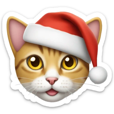 small cat big yellow eyes wearing a christmas hat and smiling sticker