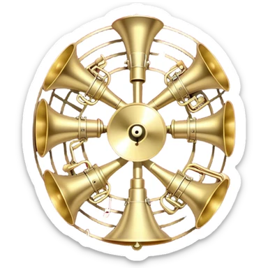 Create a festive and elegant emoji collage featuring a bouquet or fan of brass instrument bells (trumpets, saxophones, trombones, etc.) arranged in a radiant, symmetrical pattern. The instruments should have polished, golden and silver finishes, with their large, shiny bells forming a beautiful, fan-like display. Include a flowing ribbon of musical notes swirling through the center, conveying movement and melody. The background should feature a deep red velvet texture, adding a touch of luxury and sophistication. The overall composition should be balanced, with an elegant and regal feel, with a transparent background to keep focus on the instruments and musical elements. sticker