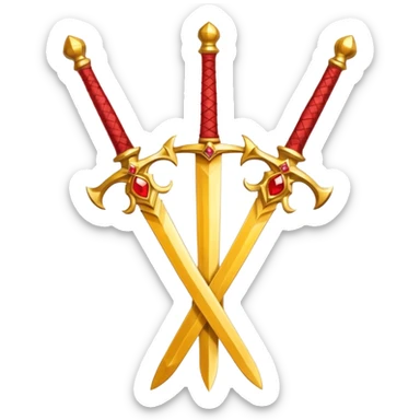 Two crossed swords that are golden in blade and handle and have fiery and royal appearence to them as well as red gem stones yellow in color sticker