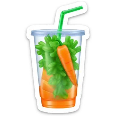 Realistic clear plastic cup half full of orange Transluscent soda with mini carrots floating inside the cup and green curly straw through the top. sticker