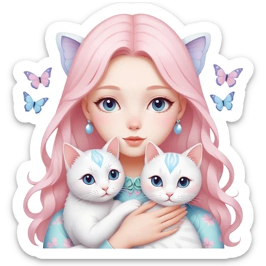 Gorgeous- pastel- lady -with -blushing -butterfly -pattern- hugging- a- white- cat-aesthetic- trendy -style sticker