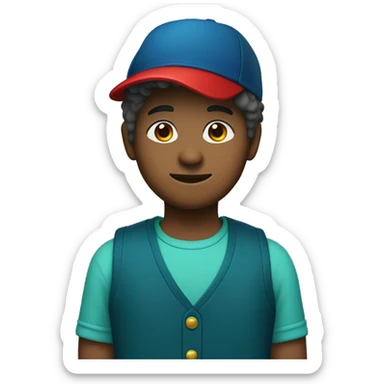 12 year old with a dark blue vest, a red shirt, and a teal hat with a pine tree on it sticker