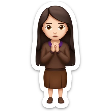=Cartoon emoji of a woman with long, loose dark hair, wearing chocolate-colored clothes. Full-height, standing, nervous, unsure, worried expression. Slightly hunched, anxious posture. Smooth, simple, stylized sticker