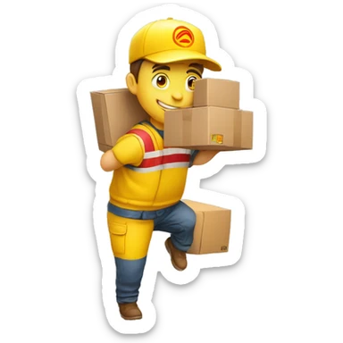 a delivery person with a yellow outfit with some red lines like the DHL logo. The delivery person carry somes carton boxes. sticker
