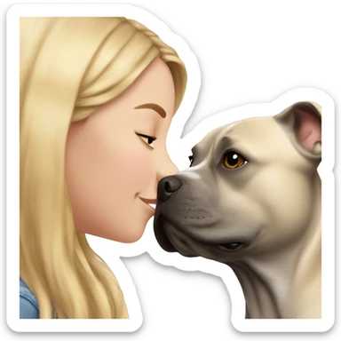 A girl with long blond hair kisses a gray Staffordshire Bull Terrier dog on the nose sticker