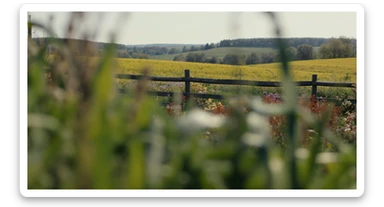 "Two shot" in the foreground, blurred plants in the foreground (frame within a frame), a wooden fence and colorfull flowers in the midground, Poland, rolling hills in the background, cinematic depth of field, layered composition, natural lighting sticker