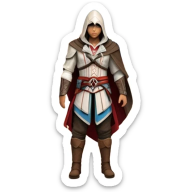 icon featuring Assasin's Creed in an iconic assassin's hood, standing tall against the backdrop of Florence. The design captures the essence of adventure, with intricate details of historical architecture and a sense of mystery. The character is poised, ready for action. transparent background. sticker