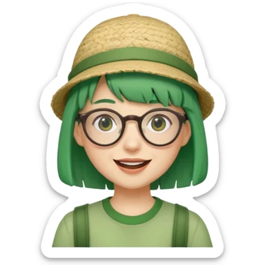 bangs, cute tourist hat, green hair very happy and glassess sticker