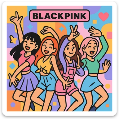 Make the Blackpink group pose even more dynamic, with energetic dance moves and expressive gestures, vibrant toon style sticker