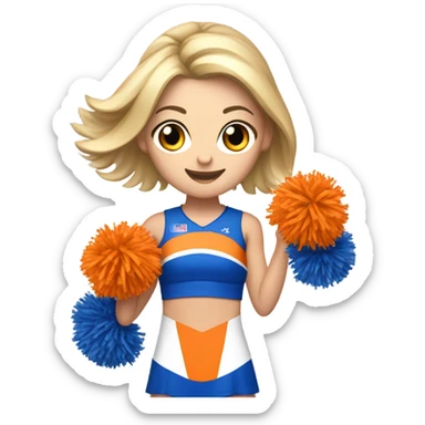 Caucasian Cheerleader with orange and blue Pom poms  in her hand and a “K1 “on Uniform sticker