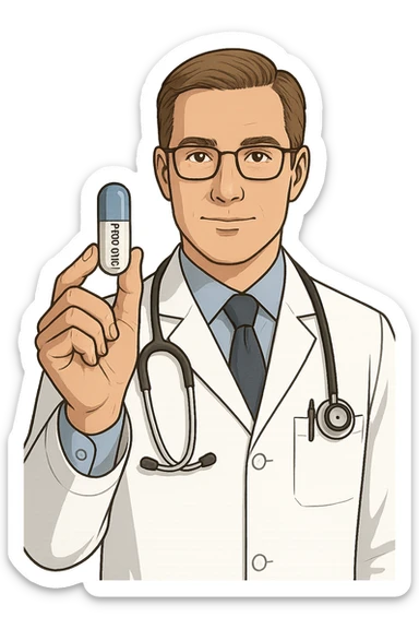 Dottore con pillola in mano chiamata PROBIOTICI sticker