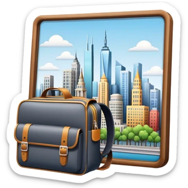 Icon for Urban Tourism: city skyline with iconic buildings, a camera and a backpack. The icon should represent the exploration of urban destinations, with elements like streets, landmarks, and vibrant city life. Transparent background. sticker