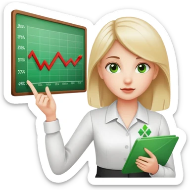 Girl showing financial reports, positive green ascending chart in one hand and negative red descending chart in other hand sticker