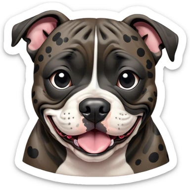 Cinematic Comical Black/Brindle Staffordshire Bull Terrier Portrait Emoji, Head tilted dramatically with an exaggeratedly amused expression, featuring a striking Fur with bold black and brindle patterns, wide, expressive dark eyes filled with playful disbelief, Simplified yet hilariously expressive features, highly detailed, glowing with a slightly sassy glow, high shine, dramatic yet playful, stylized with an air of cheeky mischief, bright and endearing, soft glowing outline, capturing the essence of a spirited and over-the-top guardian, so meme-worthy it feels like it could side-eye its way into internet fame instantly! sticker