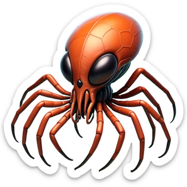 Clash of Clans aesthetic: Cinematic fierce arachnid Alien Emoji, rendered in a 3D vector-style similar to standard emojis with minimal shading and bold, simplified shapes. A compact, isometric, otherworldly creature with insectoid, organic details and subtle, eerie tentacles, softly glowing with a sinister alien charm. Simplified yet unmistakably iconic, highly detailed and consistent, glowing with a soft, spectral radiance and high shine. Stylized with a touch of bio-engineered mischief and a soft glowing outline, capturing the essence of a fearsome extraterrestrial menace with a playful twist! sticker