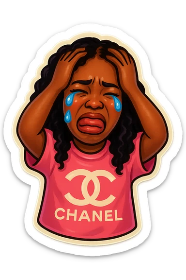  laughing with Tears rolling down face 
Mouth Pout
hands on head 
pink chanel shirt 
head down
 sticker
