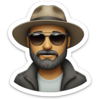 A man with a beard wearing sunglasses and a hat sticker