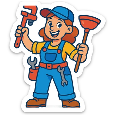 female plumber, cheerful woman plumber with tools, colorful and cartoonish, vibrant toon style sticker