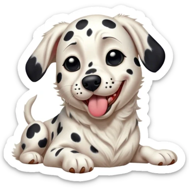 Cinematic Cute Yawning Spotted Dalmatian Portrait Emoji, Head tilted slightly with a dramatic, wide-open yawn, showcasing a smooth Fur of predominantly white with bold black patches, floppy ears slightly drooping, round eyes barely open in drowsy contentment, Simplified yet irresistibly adorable features, highly detailed, glowing with a soft, cozy glow, high shine, relaxed yet expressive, stylized with a touch of whimsy, bright and endearing, soft glowing outline, capturing the essence of a sleepy yet affectionate guardian, so drowsy it feels like it could stretch out of the screen and curl up for a nap! sticker