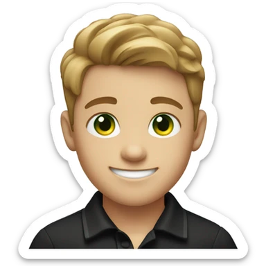 a boy with green eyes and light brown hair wearing a black polo smiling sticker