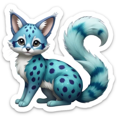 Hyper realistic  galaxy-swirl indigo-teal fur scattered with star-salt sparkle grains beautiful elegant pretty precious cute  Fakémon-Pokémon-opossum-feline-serval-caracal-chinchilla-Furret-Minccino-hybrid-creature with a big fluffy bushy tail (full body) sticker