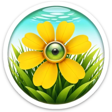yellow flower in a grassy area with a bright sun in the sky, fish eye lens effect sticker