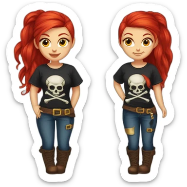 Woman long red hair on one side, tattoo on side of head. other side of head is shaved.  pirate hat. skull and crossbones t shirt sticker