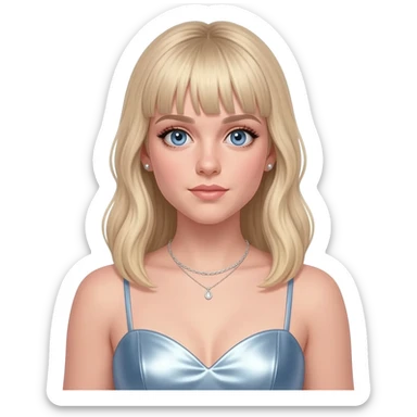 Sabrina Carpenter with blue eyes, long light blonde hair with bang, light steel blue metallic sweetheart dress, silver necklace and short earrings sticker