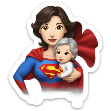 mother white skin brunette dressed as Superman with a cape holding a baby sticker