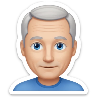 Middle aged man with receding grey hair and no beard, blue eyes, shy smile sticker