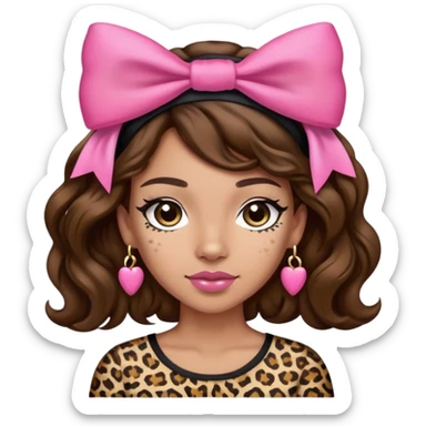 Light skin brown hair long wavy black headband with a pink bow on each side leopard print shirt with pink bows woman sticker