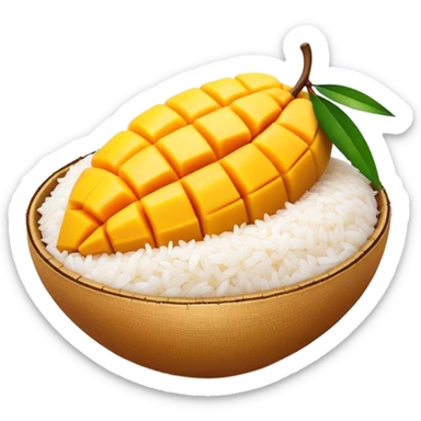 Cinematic Realistic Mango Sticky Rice Dessert Emoji, showcasing sweet sticky rice paired with ripe mango slices and coconut milk rendered with lifelike detail and warm, inviting lighting. sticker