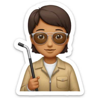 A blind person wearing sunglasses and holding a guide cane sticker