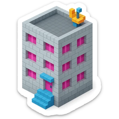 Russian panel apartment building, compact square block, light gray, pink windows, entrance with steps, satellite dish on rooftop, isometric view sticker